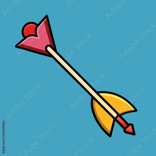 Colorful cartoon arrow with a unique pink head and yellow fletching on a blue background