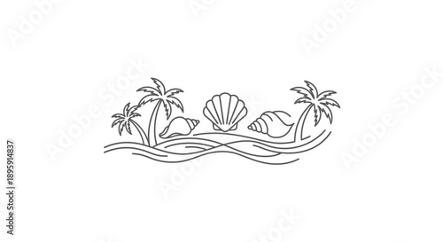 Stylized Line Art of a Tropical Beach Scene with Palm Trees and Seashells.