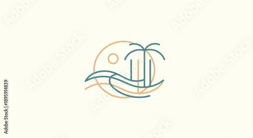 Minimalist Line Art Tropical Island Sunset with Palm Trees and Ocean Waves.
