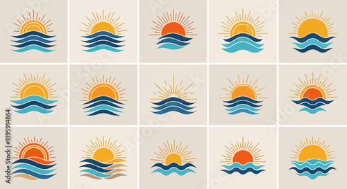 Set of stylized sun and ocean wave icons for design.