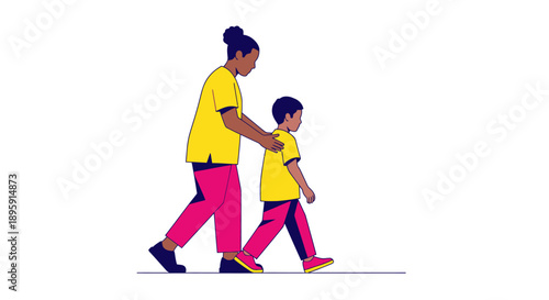 Diverse Mother and Son Walking Together. Black Woman Guiding Child. Parenting, Support, and Family Relationship Illustration.