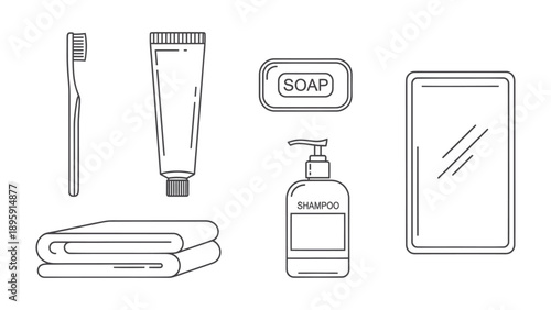 Cleanliness Essentials: An orderly arrangement of essential hygiene items, including a toothbrush, toothpaste, soap, shampoo, a mirror, and folded towels, symbolizes personal care and well-being.