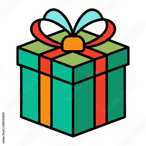 A charming gift box illustration adorned with a vibrant red ribbon and a teal bow
