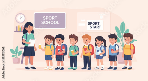Children line up with a teacher, excited for sports class to start