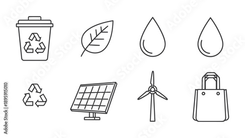 Eco-Friendly Icons Set: Clean and minimalist icons that symbolize the commitment to sustainability. Each icon speaks to a different facet of environmental consciousness, including recycling.