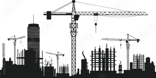 Construction site silhouette featuring multiple cranes and unfinished buildings against a stark white background