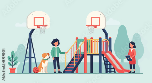 Children's park with playground, basketball hoops, people, and dog