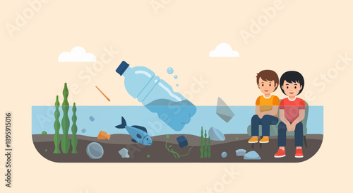 Children observe a fish swimming near plastic waste in polluted water