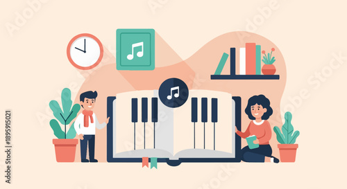 Children learning to play piano from a book with music notes