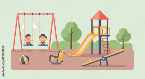Children enjoying a vibrant playground with swings, slide, and toys