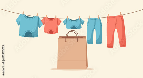 Children's clothes and shopping bag hanging on a clothesline