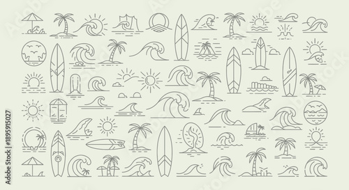 Collection of Summer Beach and Surf Icons for Design Projects.