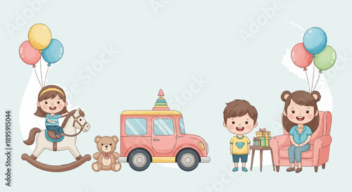 Children enjoying playful day with toys, balloons, and gifts