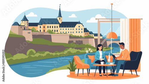 Couple relaxing indoors with a scenic riverside castle view