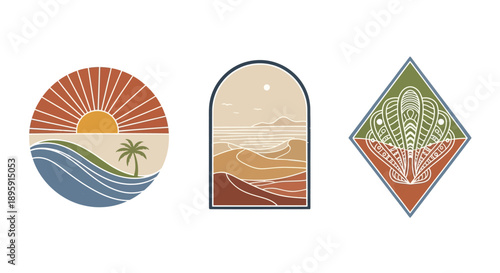 Boho Landscape Art Collection with Sun Waves and Desert Scenes.