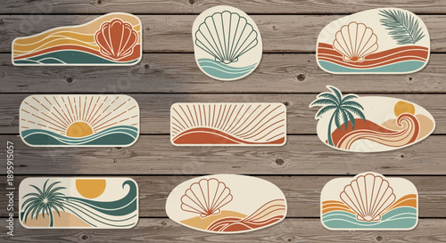 Set of nine retrostyle beach and naturethemed stickers.