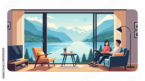 Couple relaxing indoors with a stunning mountain lake view