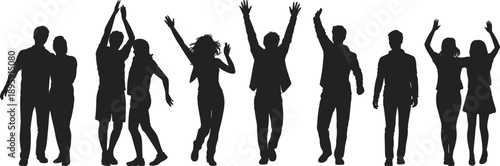 Diverse group of people in silhouette celebrating and raising arms in joy and excitement against a white background