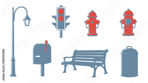 City Elements: A collection of essential urban elements, depicted in a clean, illustrative style, representing the infrastructure of a bustling city.