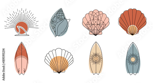 Collection of Stylized Seashells and Surfboards with Sun Graphic.