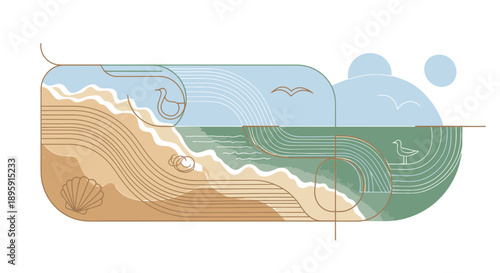 Minimalist Beach Scene with Ocean Waves and Sandy Shoreline.