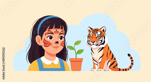 Child with tiger face paint, a plant in a pot, and a tiger