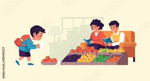 Child with backpack reads paper near couple reading books by fruit stand