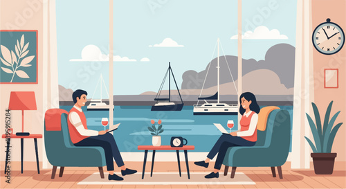 Couple relaxing indoors with a view of sailboats on a bay