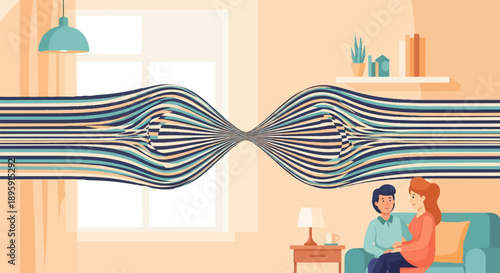 Couple relaxing indoors with a surreal, warped light effect above them