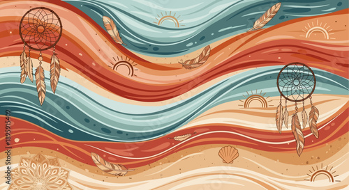 Bohemian Dreamcatchers with Tribal Patterns and Feathers.