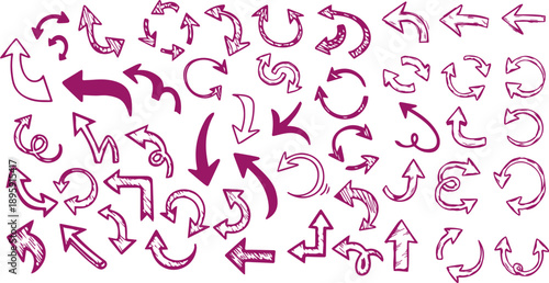 Clean Vector Pack of 30 Scribble Arrows with Thin Line Weight Variations and Hand Sketched Marker Texture, Directional Doodle Symbols and Circular Motion Lines for Editorial and Design Use