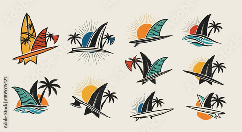 Surfboard and Surf Fin Designs with Tropical Elements.
