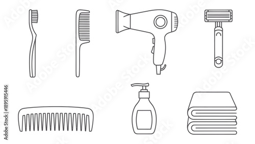 Personal Care Essentials: A minimalist outline of everyday toiletries including toothbrush, comb, hair dryer, razor, liquid soap, and a stack of clean towels.