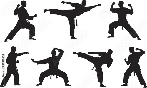 Eight dynamic silhouettes of martial artists performing karate moves and stances in black against a white background