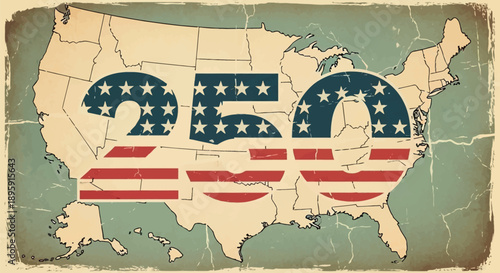 Vintage USA map featuring a patriotic 250 number in American flag style symbolizing a national miles
