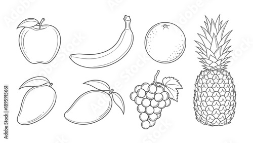 Variety of Fruits Outlined: An array of delightful fruits, each meticulously outlined with crisp lines, inviting creativity and freshness