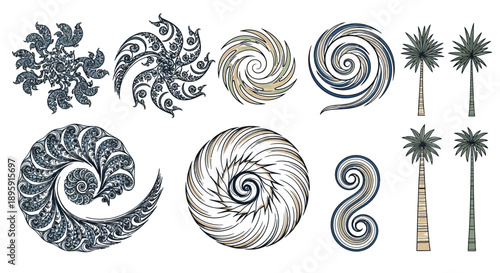 Collection of intricate spiral and floral patterns with palm tree illustrations.