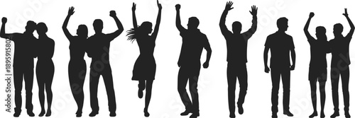 Energetic silhouettes of a diverse group of people celebrating with arms raised and hands in the air against a white background