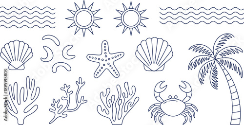 Vintage hand drawn summer icons featuring palm tree sun sea shells coral doodle sketch ink Italian ocean travel vector illustration