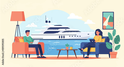 Couple relaxes indoors with laptops, overlooking a large yacht