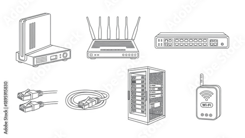 Network Devices: Illustrated assortment of network devices, highlighting the essential tools for connecting and managing digital data.