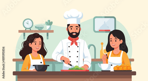 Chef teaches two smiling young women in aprons how to prepare a meal in a bright kitchen