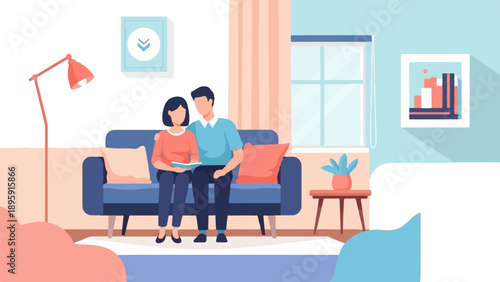 Couple relaxes on couch reading book in a cozy, modern living room