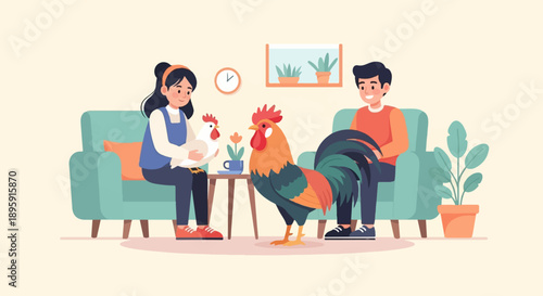 Couple relaxes indoors with pet chickens and houseplants
