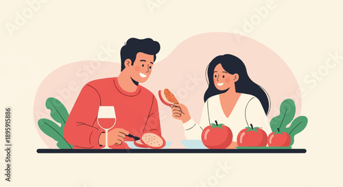 Couple enjoys a meal with fresh produce and wine