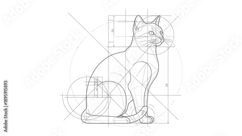Cat Blueprint: Detailed sketch of a cat with construction lines, revealing the underlying structural elements and form of the feline.