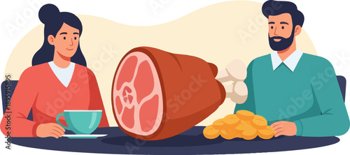 Couple enjoys a meal with a large roasted ham and golden coins