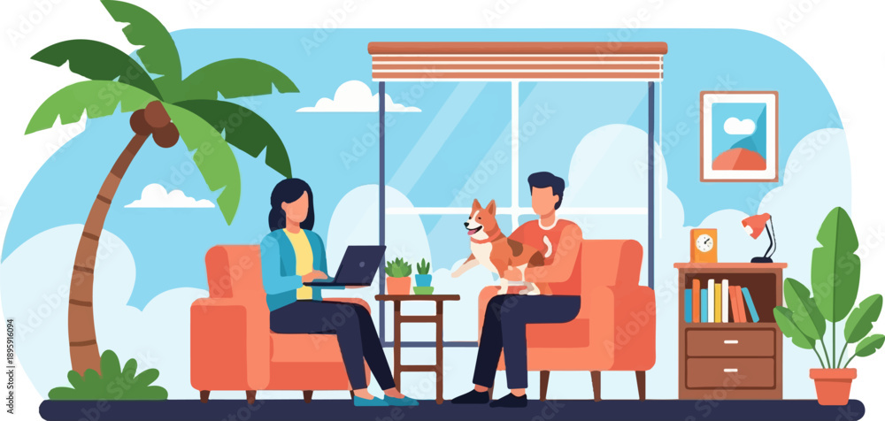 Fototapeta premium Couple relaxing at home with laptop and dog, enjoying a tropical ambiance