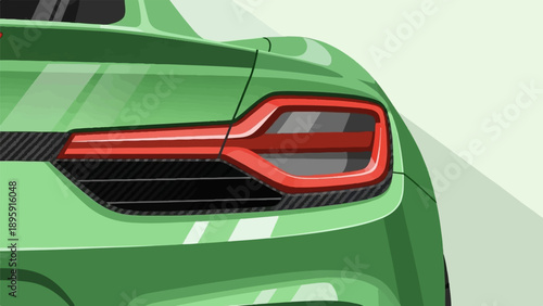 Close-up of a modern green car's rear taillight and carbon fiber detailing