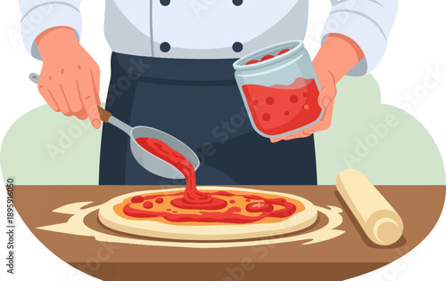 Chef spreading tomato sauce on pizza dough with a scoop from a jar